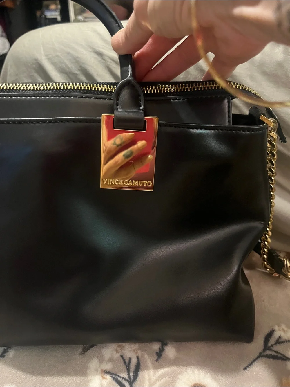 Vince Camuto Black Leather Tote with Gold Hardware for crossbody